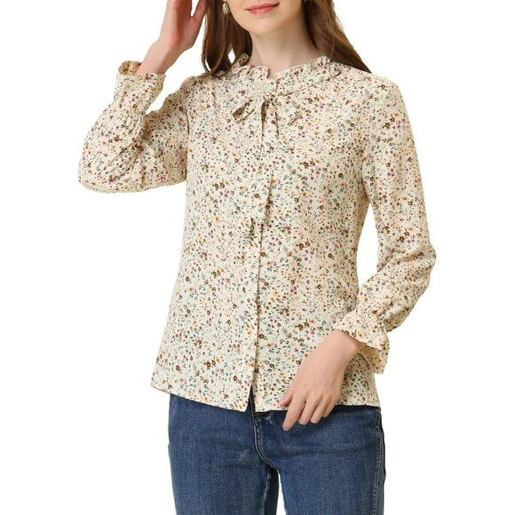 Tie Ruffle Collar Button Down Long Sleeve Floral Blouse autumn - Picture 6 of 6